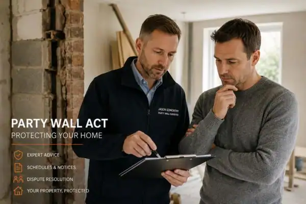 Party wall surveyor Swallownest discussing extension plans with homeowner outside a UK semi-detached house.
